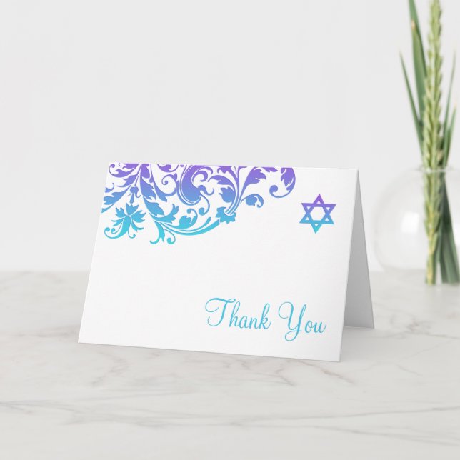 Elegant Purple Teal Flourish Bat Mitzvah Thank You Card (Front)