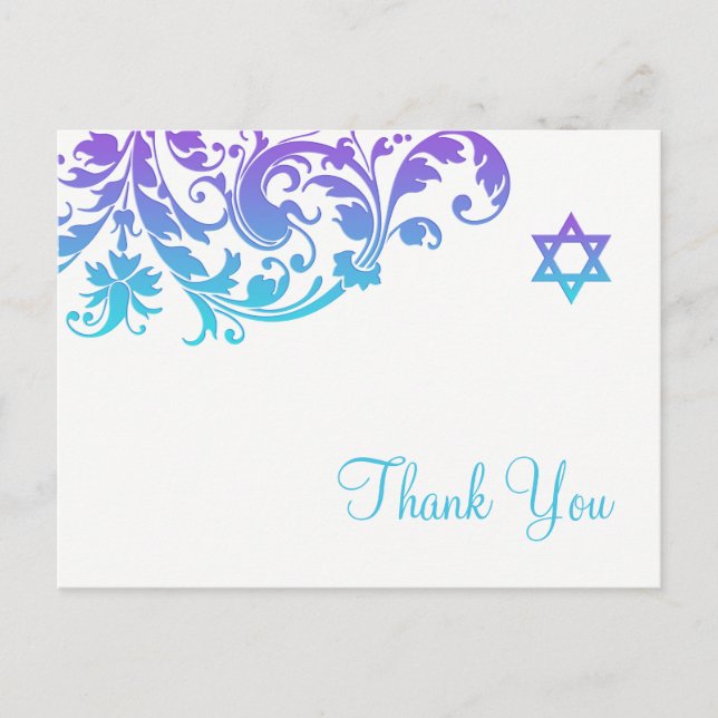Elegant Purple Teal Flourish Bat Mitzvah Thank You Postcard (Front)