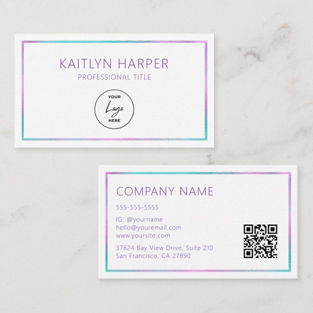 Elegant Purple Teal Foil Frame Logo QR Code Business Card (Front/Back)
