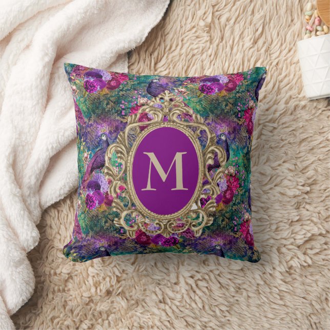 Elegant Purple Teal Peacock Floral Gold Monogram Cushion (Blanket)