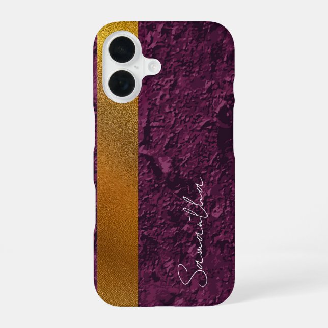 Elegant Purple Texture & Gold Stripe Personalised  iPhone 16 Case (Back)