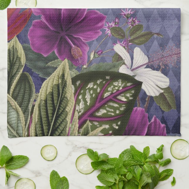 Elegant Purple Tropical Floral Tea Towel (Folded)
