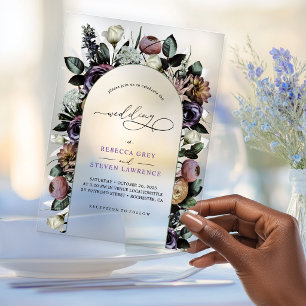 Elegant Purple Turquoise Floral Wedding Acrylic Invitations