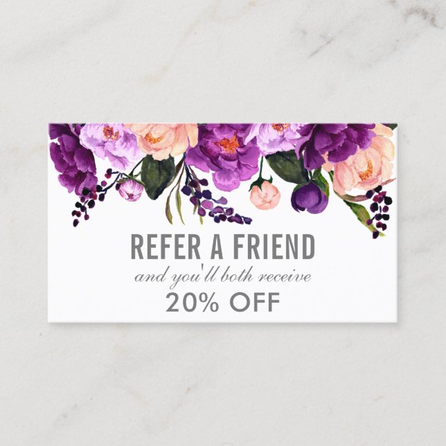 Elegant Purple Ultra Violet Floral Silver Referral Business Card (Front)