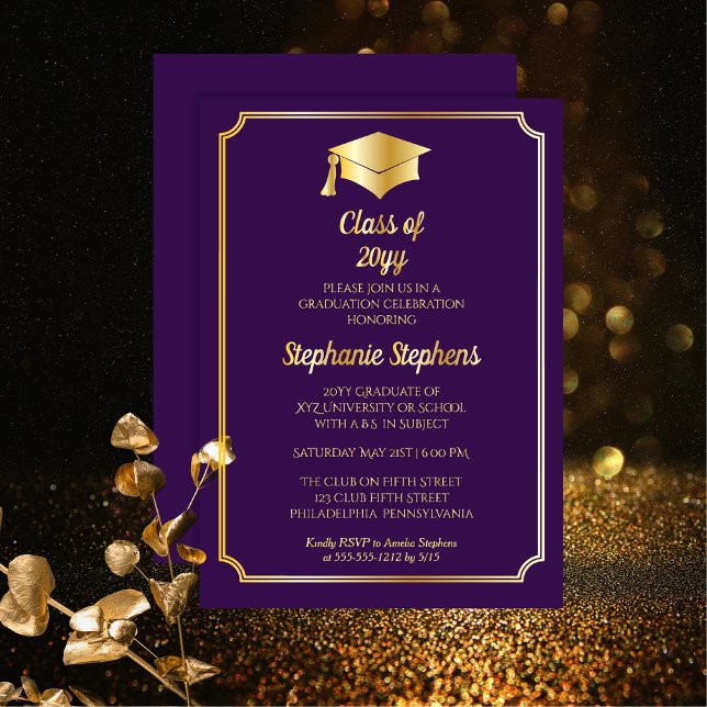 Elegant Purple University Graduation Party Gold  (Elegant Purple and Gold College or University Graduation Announcement and Party Foil Invitation )