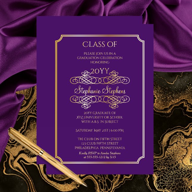 Elegant Purple University Graduation Party Gold (Elegant Purple College | University Non-Photo Announcement and Party Gold Foil Invitation)