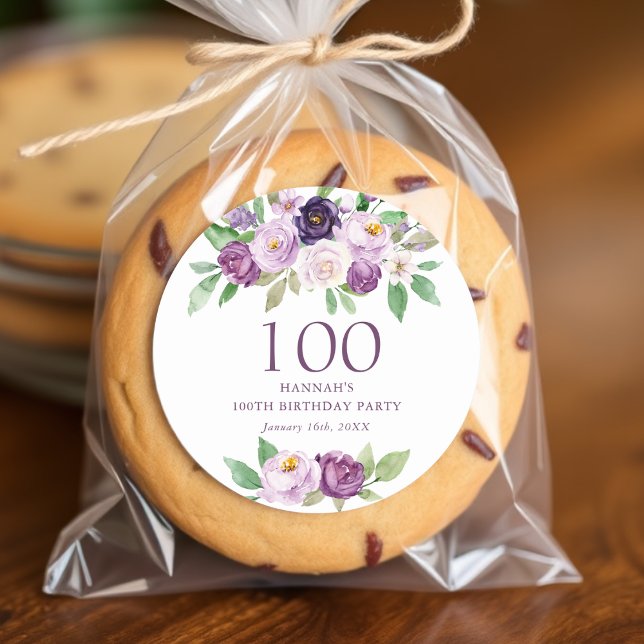 Elegant Purple | Violet Floral 100th Birthday  Classic Round Sticker (Creator Uploaded)