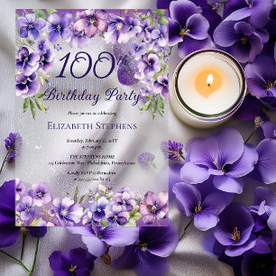 Elegant Purple Violet Floral 100th Birthday Party Acrylic Invitations