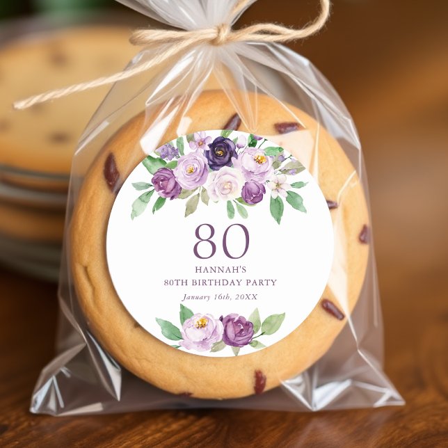 Elegant Purple | Violet Floral 80th Birthday  Classic Round Sticker (Creator Uploaded)