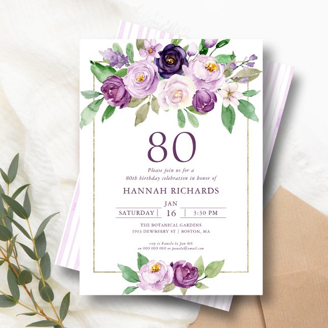 Elegant Purple | Violet Floral 80th Birthday  Invitation (Creator Uploaded)