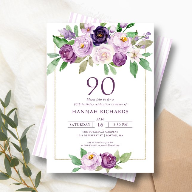 Elegant Purple | Violet Floral 90th Birthday  Invitation (Creator Uploaded)