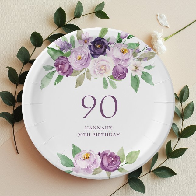 Elegant Purple | Violet Floral 90th Birthday  Paper Plate (Creator Uploaded)