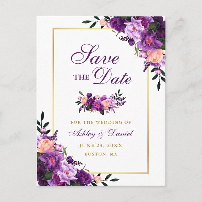 Elegant Purple Violet Floral Gold Save the Date Announcement Postcard (Front)