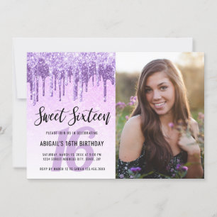 Elegant purple violet glitter drips sweet sixteen invitation