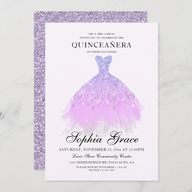 Elegant Purple Violet Glitter Quinceañera Invitation (Front/Back)