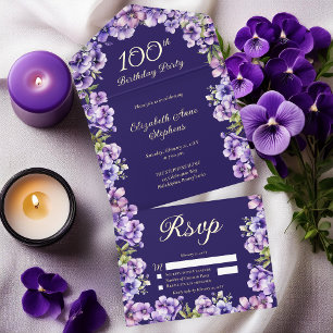Elegant Purple Violets Floral 100th Birthday Party All In One Invitation