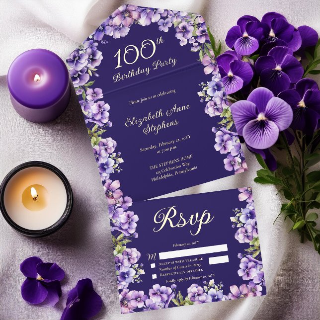 Elegant Purple Violets Floral 100th Birthday Party All In One Invitation (Elegant Boho Purple Violets Floral Formal 100th Birthday Party All in One Gold Foil Invitation)