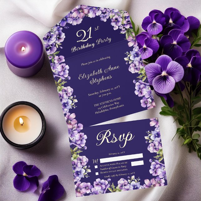 Elegant Purple Violets Floral 21st Birthday Party All In One Invitation (Elegant Boho Purple Violets Floral Formal 21st Birthday Party All in One Gold Foil Invitation)