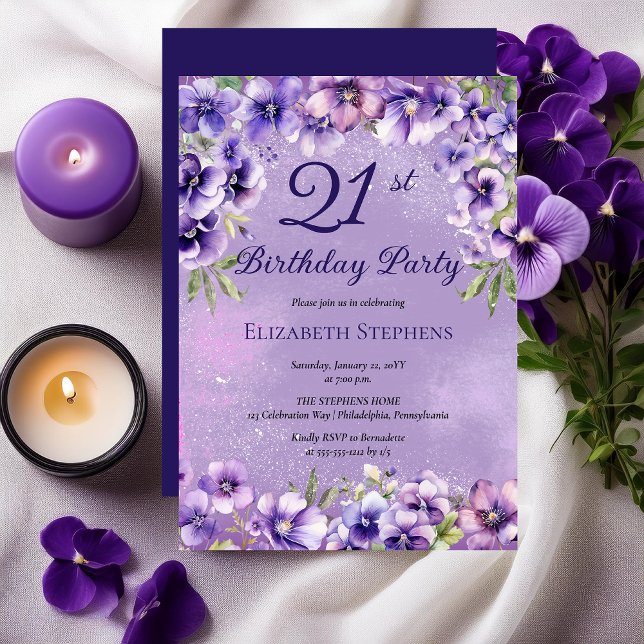 Elegant Purple Violets Floral 21st Birthday Party  Invitation (Elegant Purple Violets Floral 21st Birthday Party Invitation)