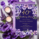 Elegant Purple Violets Floral 40th Birthday Party<br><div class="desc">Elegant purple violets floral design "40th Birthday Party" gold foil design featuring a floral top and bottom swag of violets and real gold foil text with a distressed violet and white stardust background on back.</div>