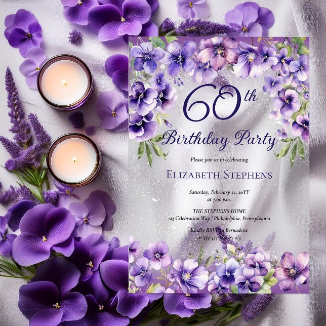 Elegant Purple Violets Floral 60th Birthday Party  Acrylic Invitations (Elegant Purple Violets Floral 60th Birthday Party Acrylic Invitations)
