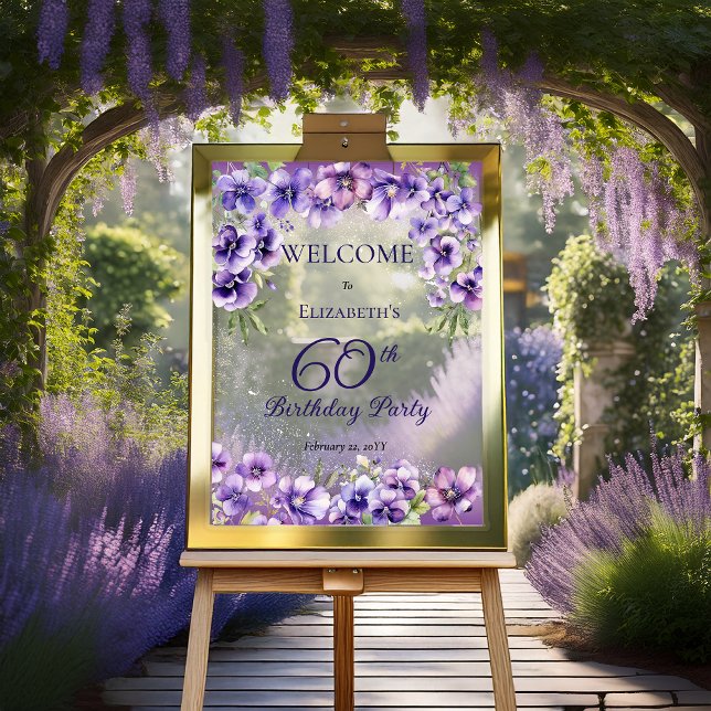 Elegant Purple Violets Floral 60th Birthday Party  Acrylic Sign (Elegant Purple Violets Floral 60th Birthday Party Acrylic Sign)
