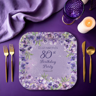 Elegant Purple Violets Floral 80th Birthday Party  Paper Plate