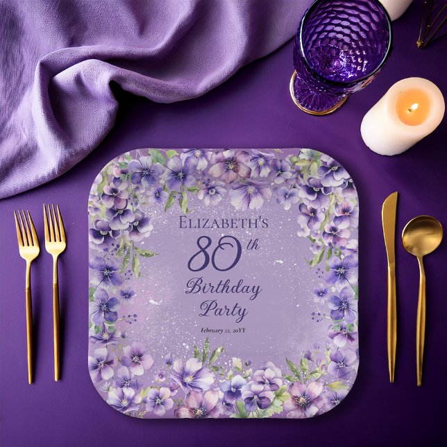 Elegant Purple Violets Floral 80th Birthday Party  Paper Plate (Boho Elegant Purple Violets Floral 80th Birthday Party Square Paper Plates)