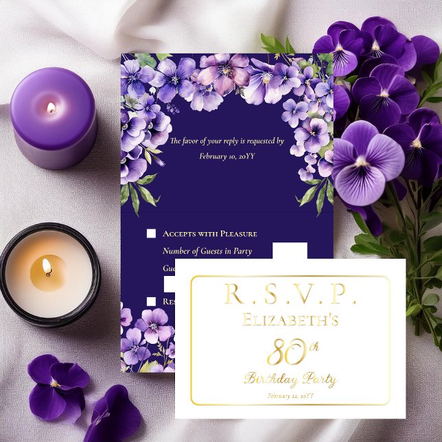 Elegant Purple Violets Floral 80th Birthday RSVP Foil Card (Elegant Purple Violets Floral 80th Birthday Party RSVP Foil Invitation Folded Insert Enclosure Card)