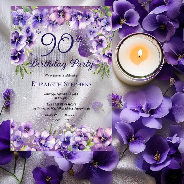 Elegant Purple Violets Floral 90th Birthday Party  Acrylic Invitations (Elegant Purple Violets Floral 90th Birthday Party Acrylic Invitations)