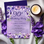 Elegant Purple Violets Floral 90th Birthday Party  Invitation<br><div class="desc">Elegant purple violets floral design "90th Birthday Party" design featuring a floral top and bottom swag of violets on a distressed violet and white stardust background.</div>