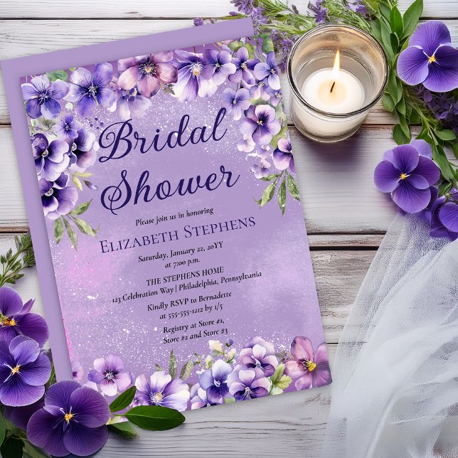 Elegant Purple Violets Floral Bridal Shower Invitation (Elegant Boho Purple Violets Lavender Floral Bridal Shower Invitations - Print | Digital Download)