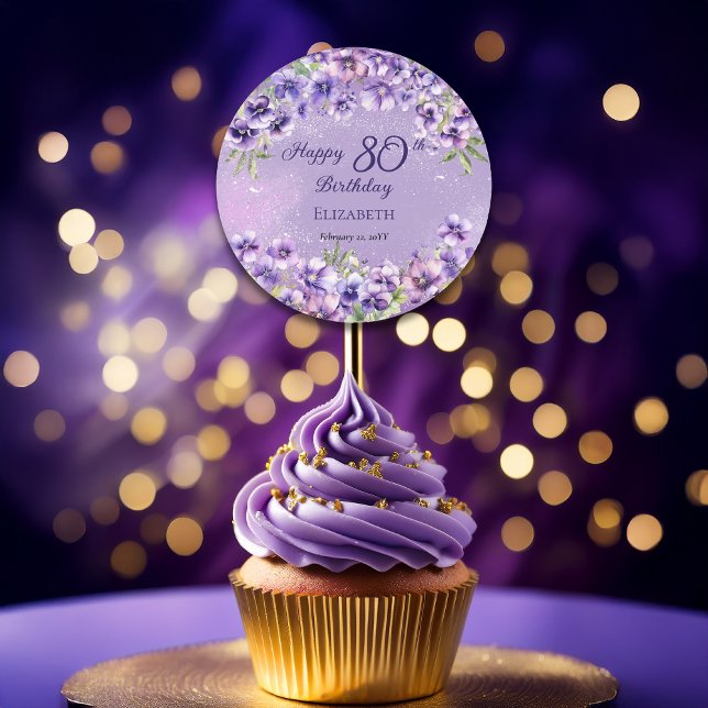 Elegant Purple Violets Floral Happy 80th Birthday Classic Round Sticker (Boho Elegant Purple Violets Happy 80th Birthday Round Sticker for Favors and Envelope Seals)