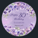 Elegant Purple Violets Floral Happy 80th Birthday Classic Round Sticker<br><div class="desc">Elegant purple violets floral design "Happy 80th Birthday" design featuring a floral top and bottom swag of violets on a distressed violet and white stardust background.</div>