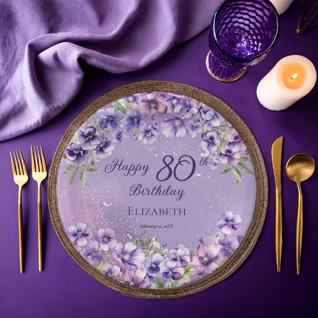 Elegant Purple Violets Floral Happy 80th Birthday Paper Plate (Boho Elegant Purple Violets Floral Happy 80th Birthday Party Paper Plates)