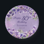 Elegant Purple Violets Floral Happy 80th Birthday Paper Plate<br><div class="desc">Elegant purple violets floral design "Happy 80th Birthday" design featuring a floral top and bottom swag of violets on a distressed violet and white stardust background.</div>