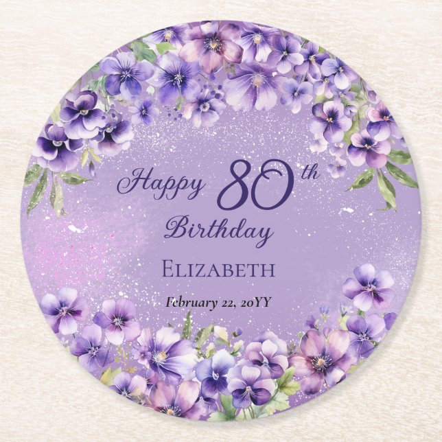Elegant Purple Violets Floral Happy 80th Birthday Round Paper Coaster (Front)