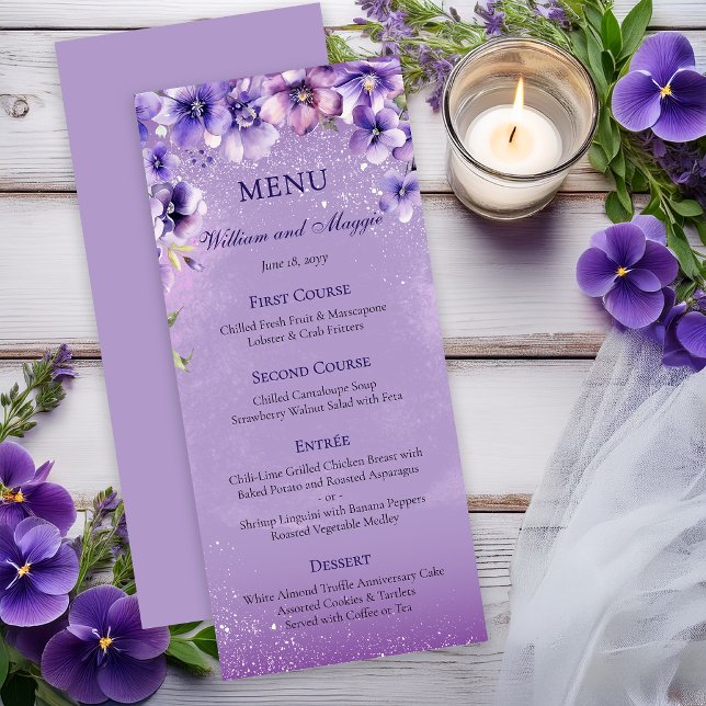 Elegant Purple Violets Wedding and Anniversary  Menu (Elegant lavender floral wedding | anniversary menu --soft watercolor blooms | romantic purple tones)
