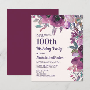 Elegant Purple Watercolor Floral 100th Birthday Invitation