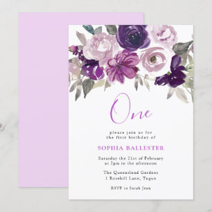 Elegant Purple Watercolor Floral 1st Birthday Invitation