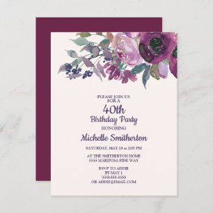 Elegant Purple Watercolor Floral 40TH Birthday Invitation