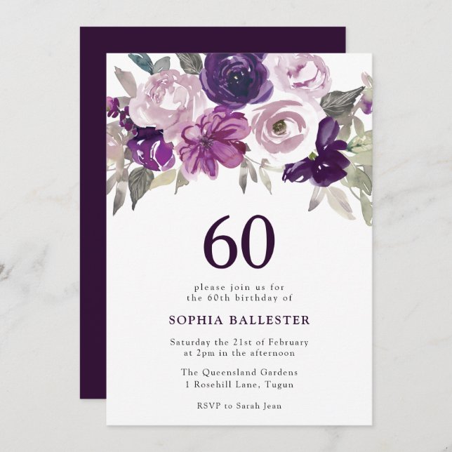 Elegant Purple Watercolor Floral 60th Birthday Invitation (Front/Back)