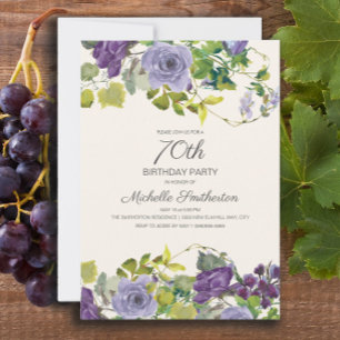 Elegant Purple Watercolor Floral 70th Birthday Invitation