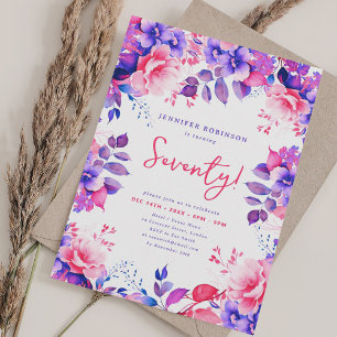 Elegant Purple Watercolor Floral 70th Birthday  Invitation