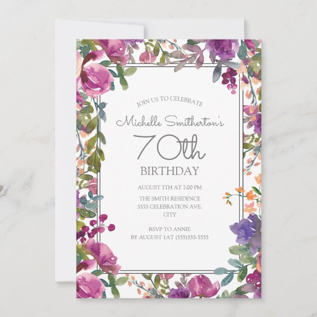 Elegant Purple Watercolor Floral 70th Birthday Invitation (Front)