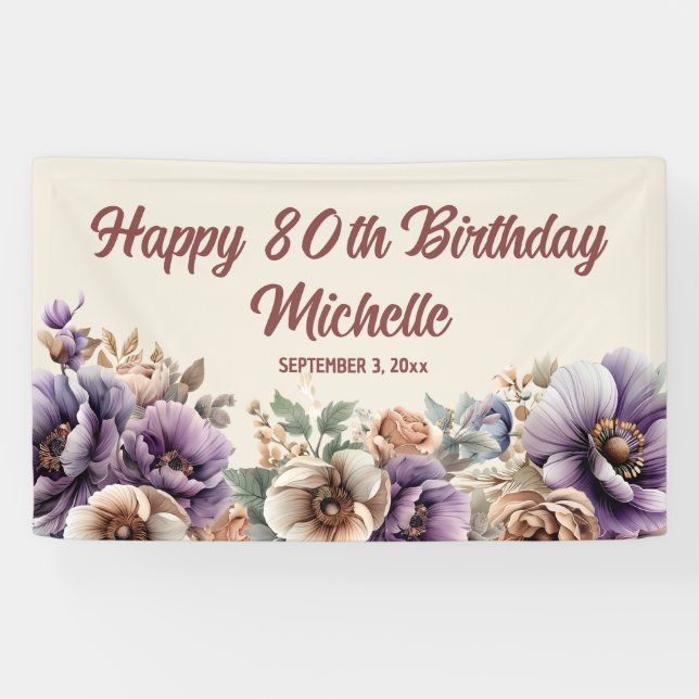 Elegant Purple Watercolor Floral 80th Birthday Banner (Horizontal)