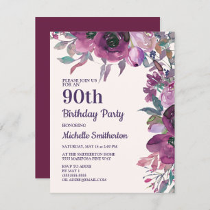 Elegant Purple Watercolor Floral 90th Birthday Invitation