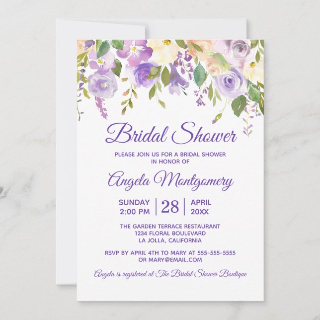 Elegant Purple Watercolor Floral Bridal Shower  Invitation (Front)