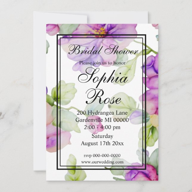 Elegant purple watercolor floral Bridal Shower Invitation (Front)