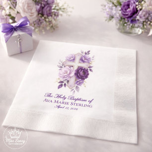 Elegant Purple Watercolor Floral Cross Christian Napkin